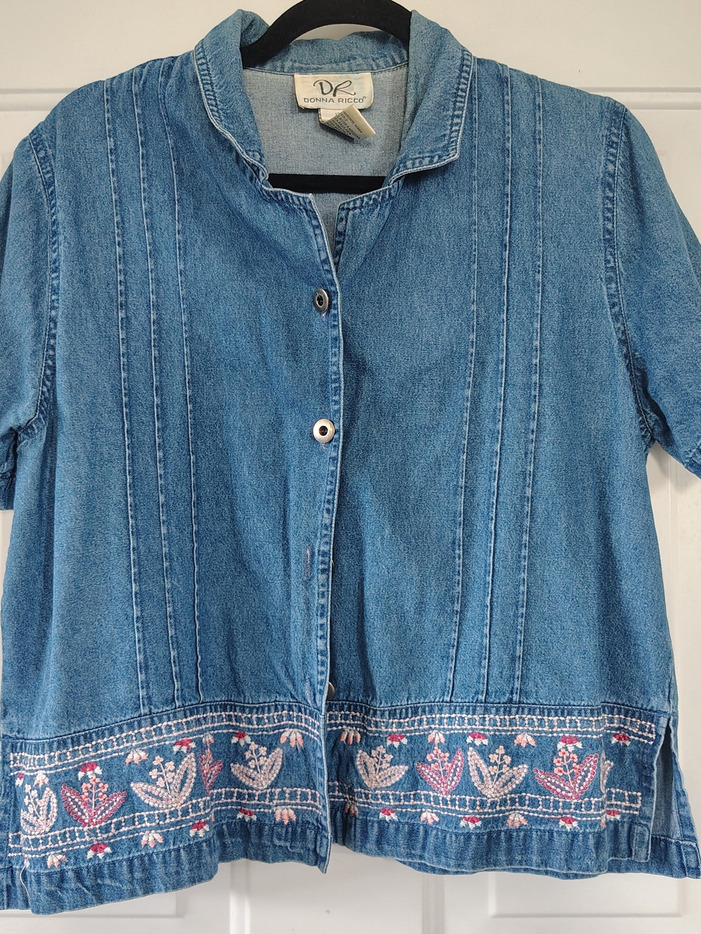 80's Donna Ricco Light Blue Button Down Denim Shirt with Embroidery